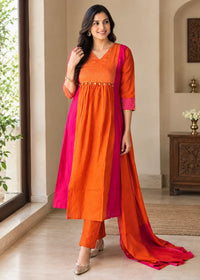 Teal Orange Mul Chanderi Anarkali Suit Set