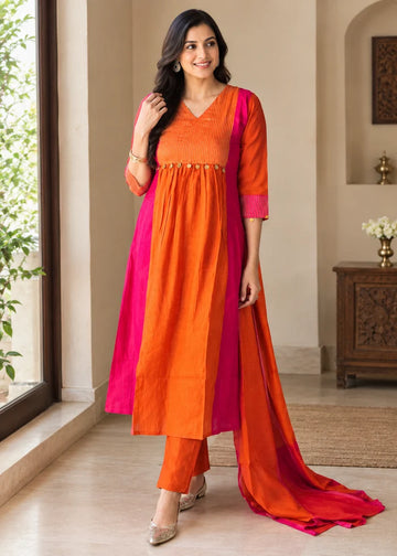 Teal Orange Mul Chanderi Anarkali Suit Set