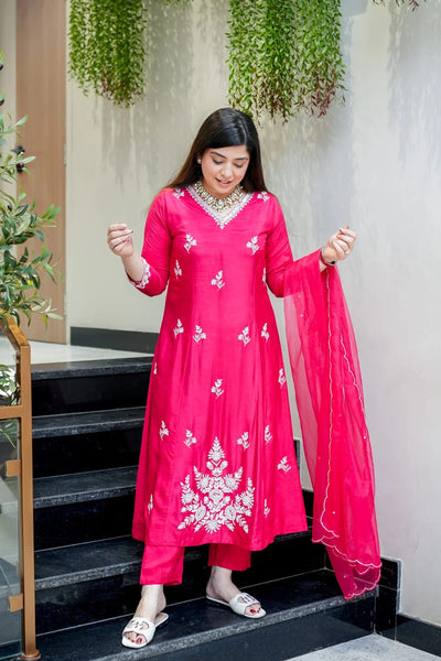 Rani Pink Floral Embroidered Muslin Set