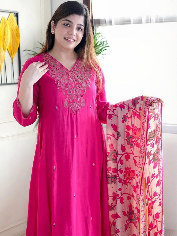 Pink Embroidered Muslin Suit Set
