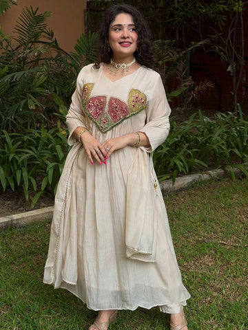 White Mal Chanderi Anarkali Kurta Set with Dupatta