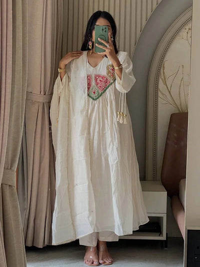 White Mal Chanderi Anarkali Kurta Set with Dupatta
