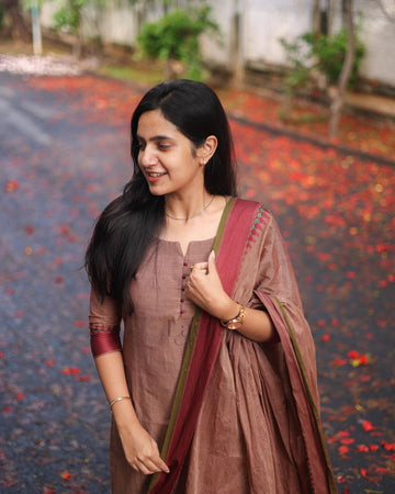 Brown Kanchi Cotton Suit Set with Jacquard Weaving & Dupatta