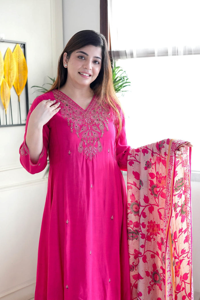 Designer Chanderi Suit Set with V-Neck Embroidery & Cotton Dupatta