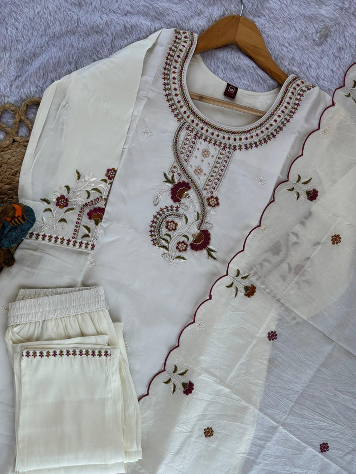 White Roman Silk Kurti Pant Set