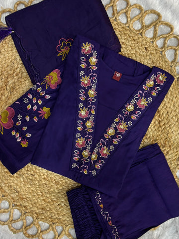 Elegant Royal Purple Embroidered Viscose Marina Silk Kurti Pant Dupatta Set