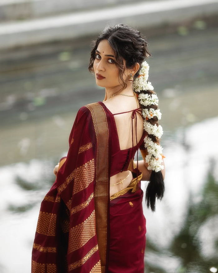 Royal Maroon Jacquard Saree with Rich Woven Patterns | Classic Festive Elegance