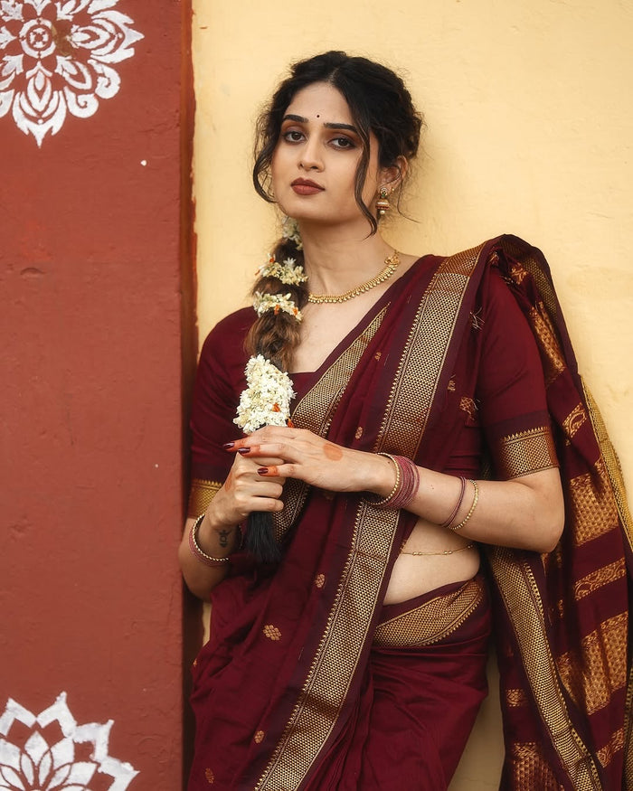 Royal Maroon Jacquard Saree with Rich Woven Patterns | Classic Festive Elegance