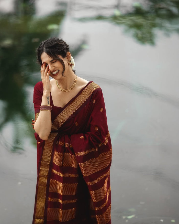 Royal Maroon Jacquard Saree with Rich Woven Patterns | Classic Festive Elegance