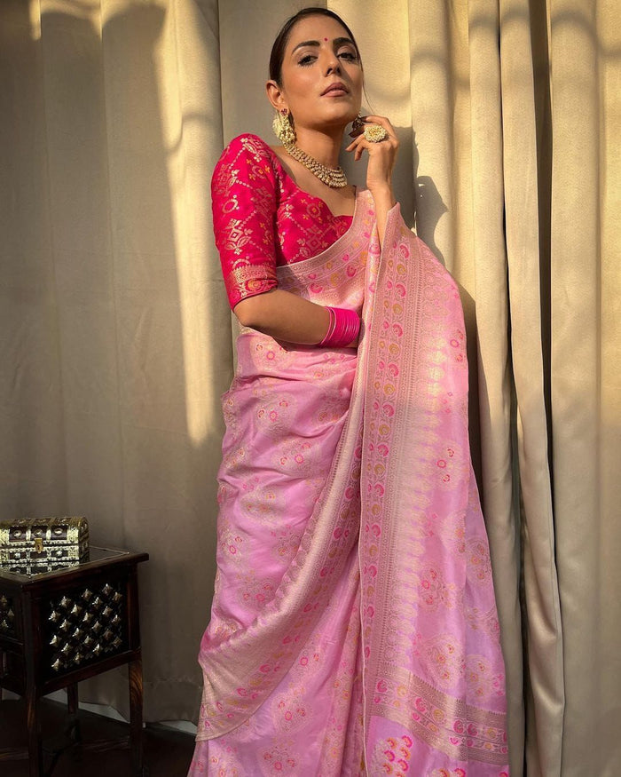 Graceful Light Pink Jacquard Saree with Elegant Woven Design | Soft Festive Wear