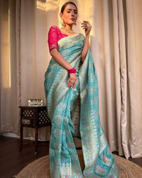 Tea Blue Jacquard Saree with Luxurious Woven Detailing | Elegant Ethnic Wear