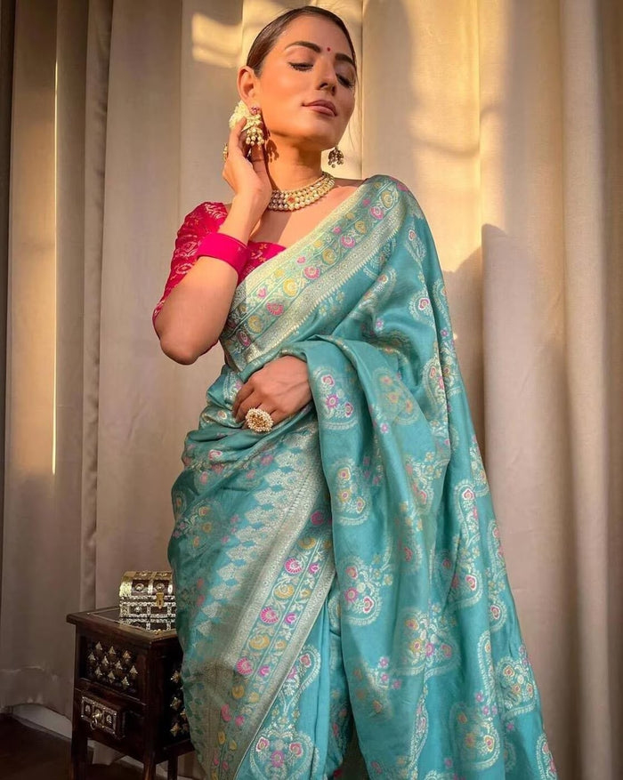 Tea Blue Jacquard Saree with Luxurious Woven Detailing | Elegant Ethnic Wear