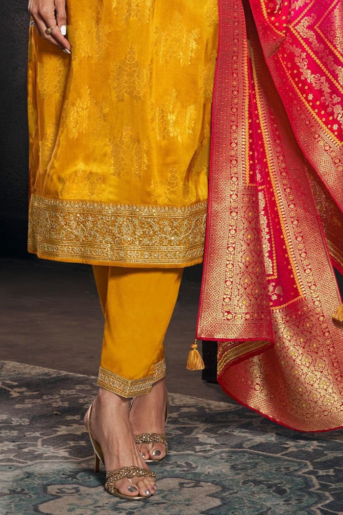 Haldi Designer Pure Banarasi Jacquard Weaving Suit Set with Dupatta