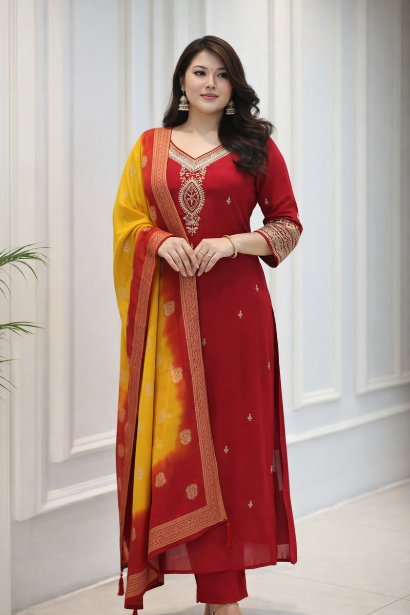 Berry Silk Kurta Set with Kanjivaram Dupatta