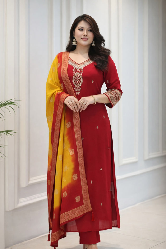Berry Pure Silk Kurta Set with Kanjivaram Dupatta