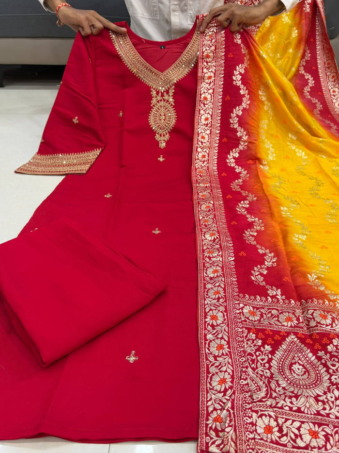 Berry Pure Silk Kurta Set with Kanjivaram Dupatta