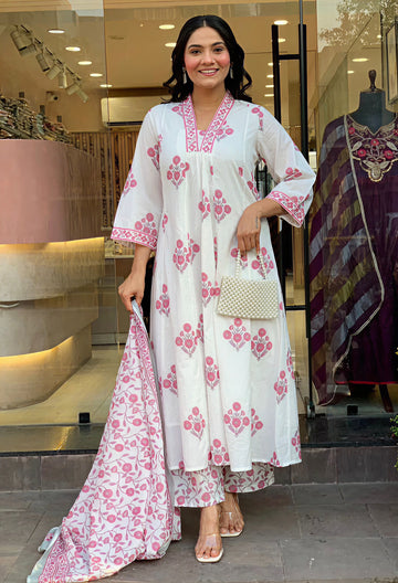 Mul Mul Cotton Ghera Suit Set with Dupatta