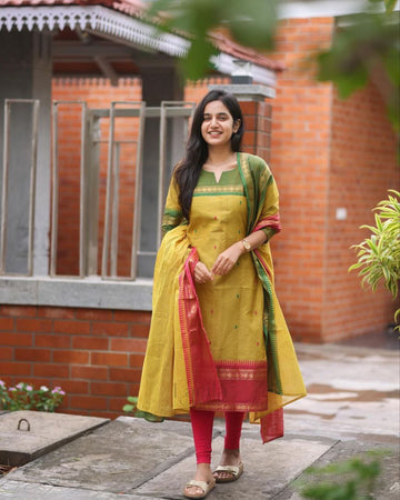 Mustard Pure Kanchi Cotton Suit Set with Jacquard Dupatta