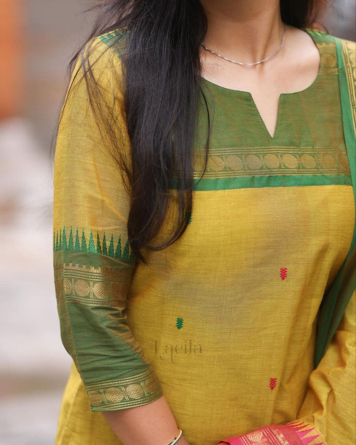 Mustard Pure Kanchi Cotton Suit Set with Jacquard Dupatta