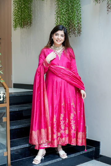Pink Banarasi Anarkali Suit Set with Dupatta