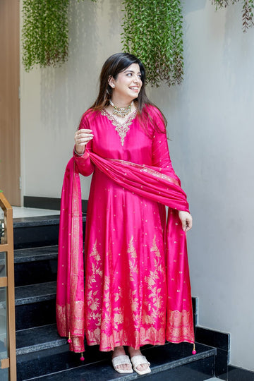 Pink Banarasi Anarkali Suit Set with Dupatta
