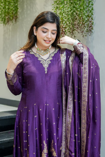 Purple Banarasi Anarkali Suit Set with Dupatta