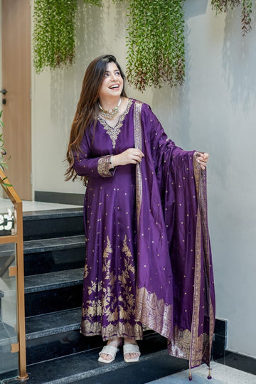 Purple Banarasi Anarkali Suit Set with Dupatta
