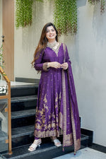 Purple Banarasi Anarkali Suit Set with Dupatta