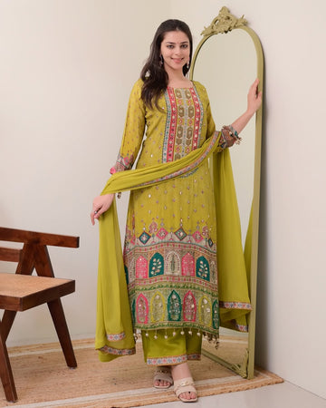 Pista Shanti Chinon Anarkali Kurti Palazzo Set with Chiffon Dupatta