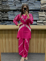 Premium Russian Silk Rosy Cord Set for Women with Handwork Neck
