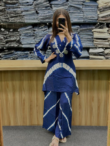 Premium Russian Silk Light Blue Cord Set for Women with Handwork Neck