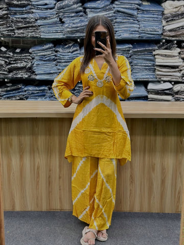 Premium Russian Silk Yellow Cord Set for Women with Handwork Neck