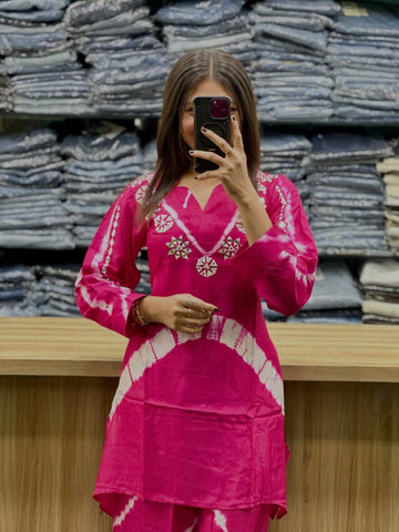 Premium Russian Silk Rosy Cord Set for Women with Handwork Neck