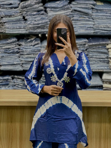 Premium Russian Silk Light Blue Cord Set for Women with Handwork Neck