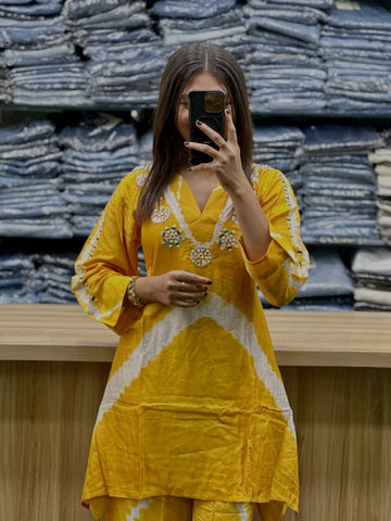 Premium Russian Silk Yellow Cord Set for Women with Handwork Neck