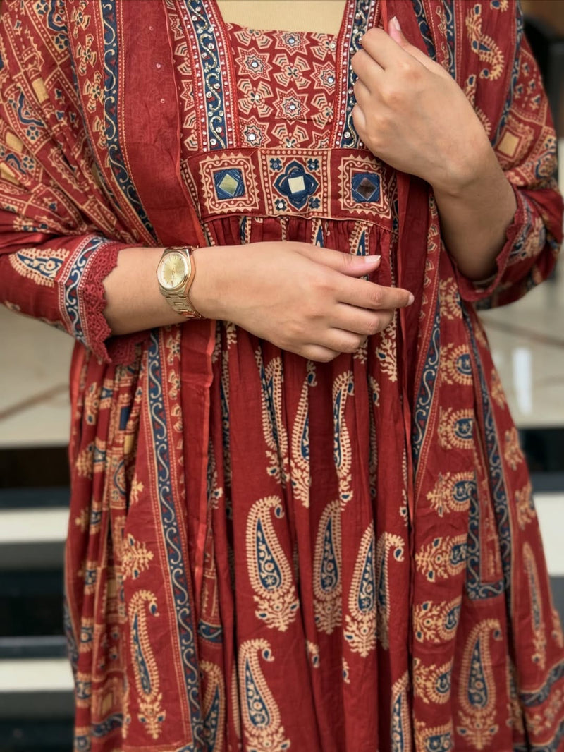 Jaipuri Maroon Cotton Suit Set for Women with Dupatta