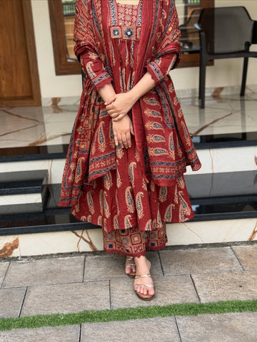 Jaipuri Maroon Cotton Suit Set for Women with Dupatta