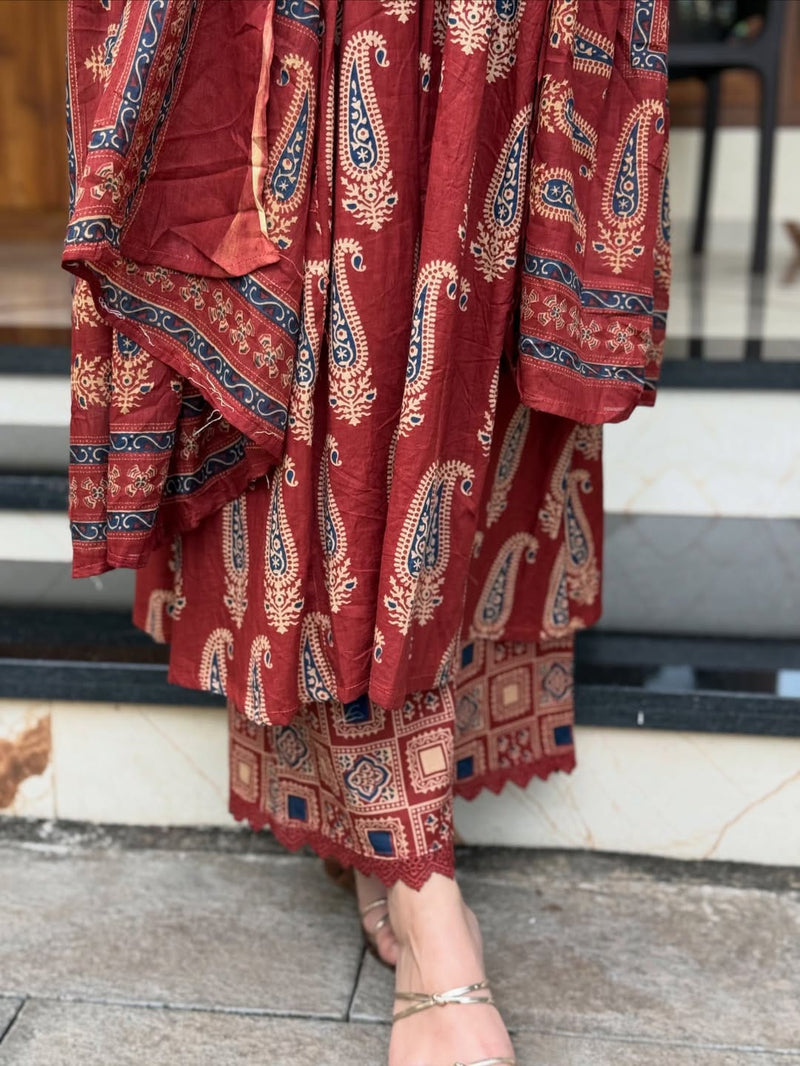Jaipuri Maroon Cotton Suit Set for Women with Dupatta