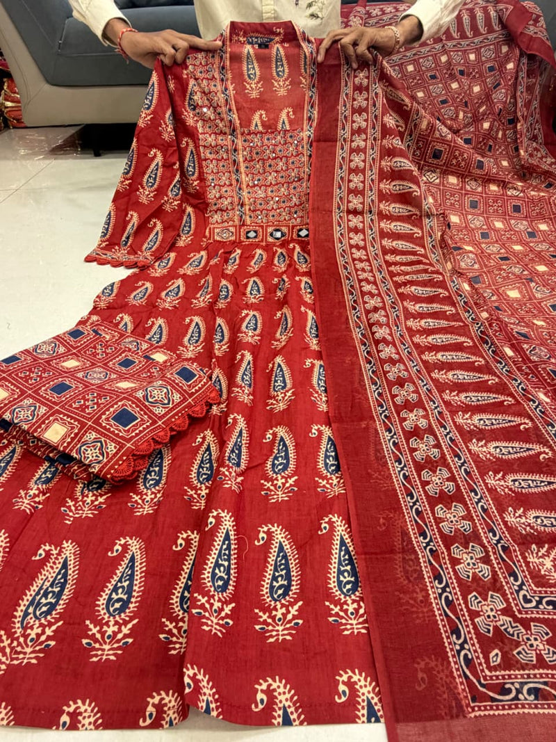 Jaipuri Maroon Cotton Suit Set for Women with Dupatta