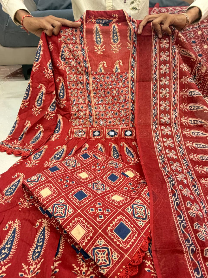 Jaipuri Maroon Cotton Suit Set for Women with Dupatta