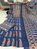 Jaipuri Blue Cotton Suit Set for Women with Dupatta