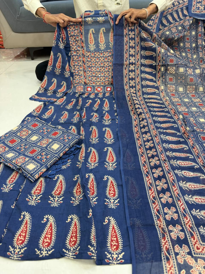 Jaipuri Blue Cotton Suit Set for Women with Dupatta