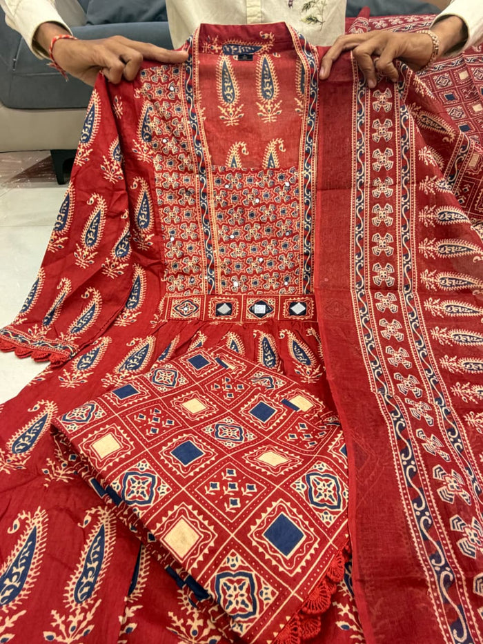 Jaipuri Maroon Cotton Suit Set for Women with Dupatta