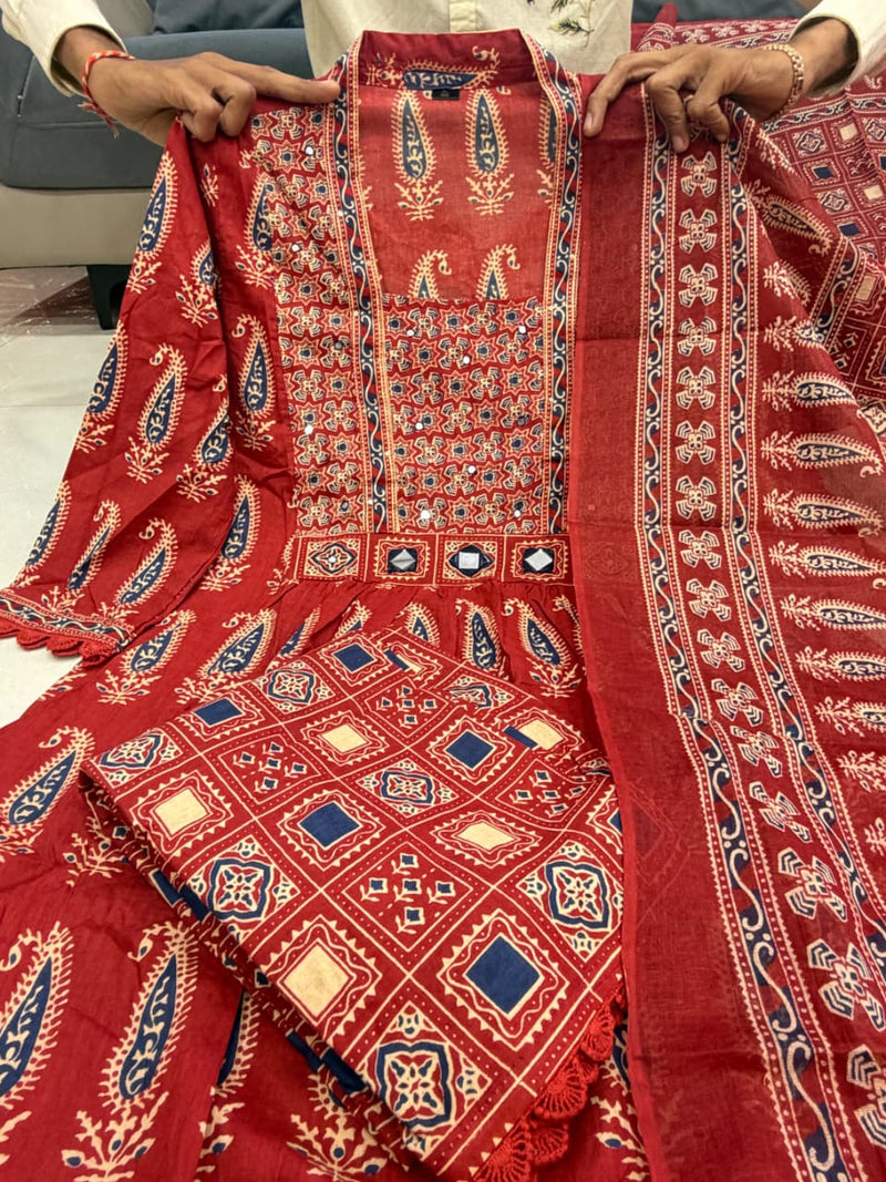 Jaipuri Maroon Cotton Suit Set for Women with Dupatta
