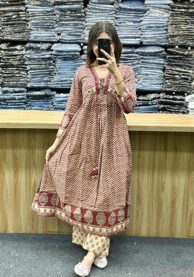 Pure Cotton Laheriya Ajrakh Print Anarkali Suit Set