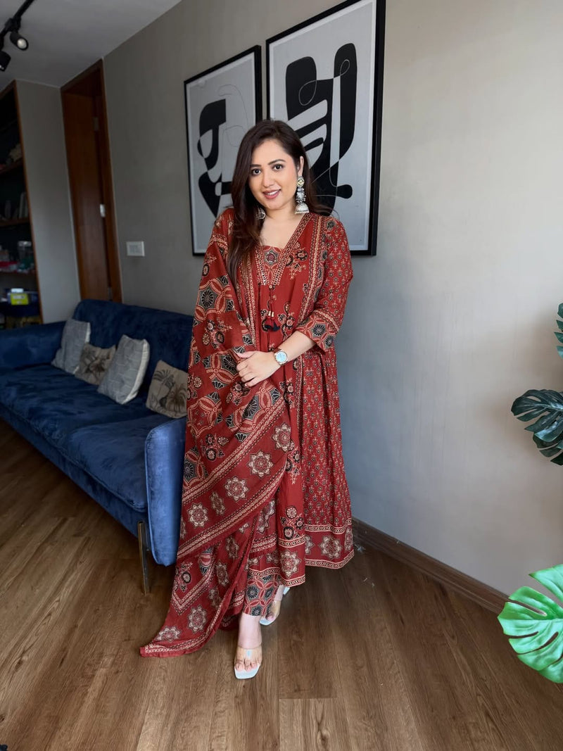 Red Ajarakh Buta Pure Cotton Anarkali Suit Set