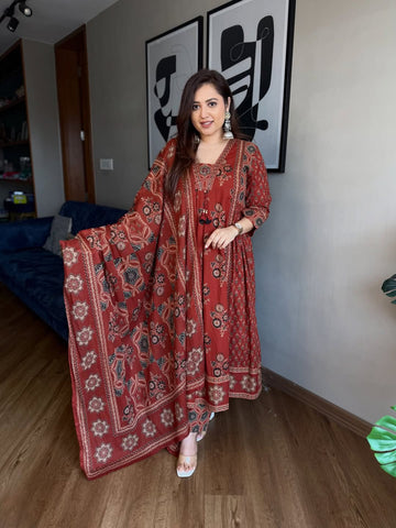 Red Ajarakh Buta Pure Cotton Anarkali Suit Set