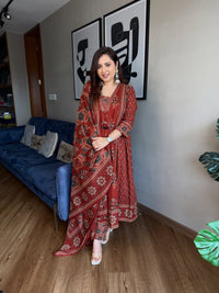 Red Ajarakh Buta Pure Cotton Anarkali Suit Set