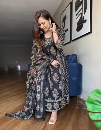 Black Ajarakh Buta Pure Cotton Anarkali Suit Set
