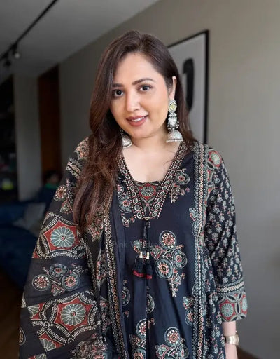 Black Ajarakh Buta Pure Cotton Anarkali Suit Set